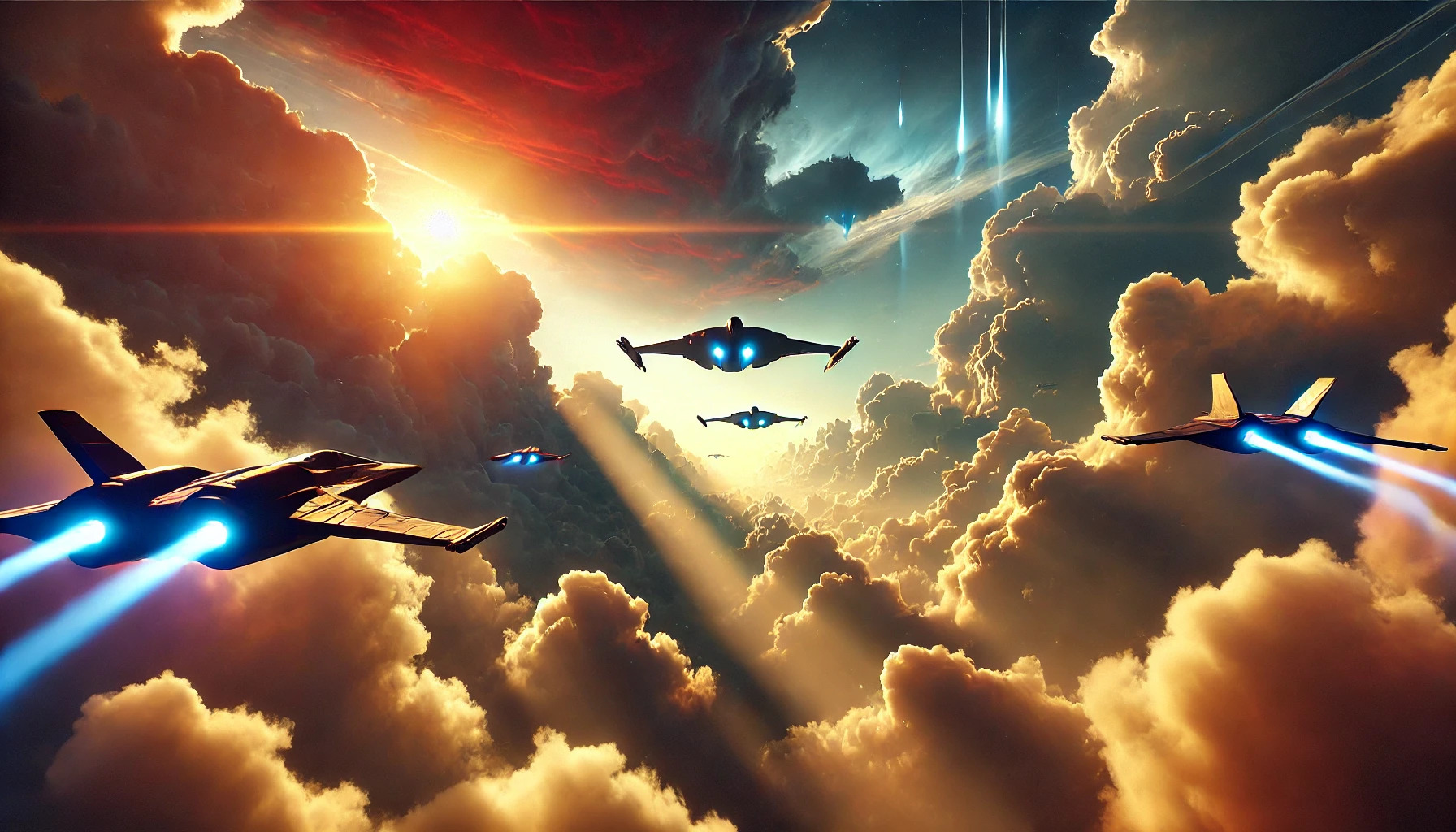 DALL·E 2024 08 03 13.59.41   A high quality computer game concept art image featuring starships floating in low hanging clouds. The scene shows several sleek, futuristic starships